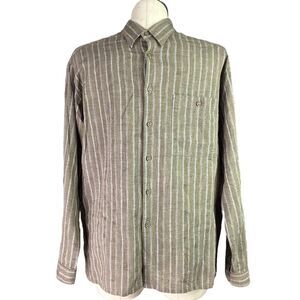 St Michael Shirt Mens L Brown Cotton Striped Long Sleeve Pocket Casual Button Up